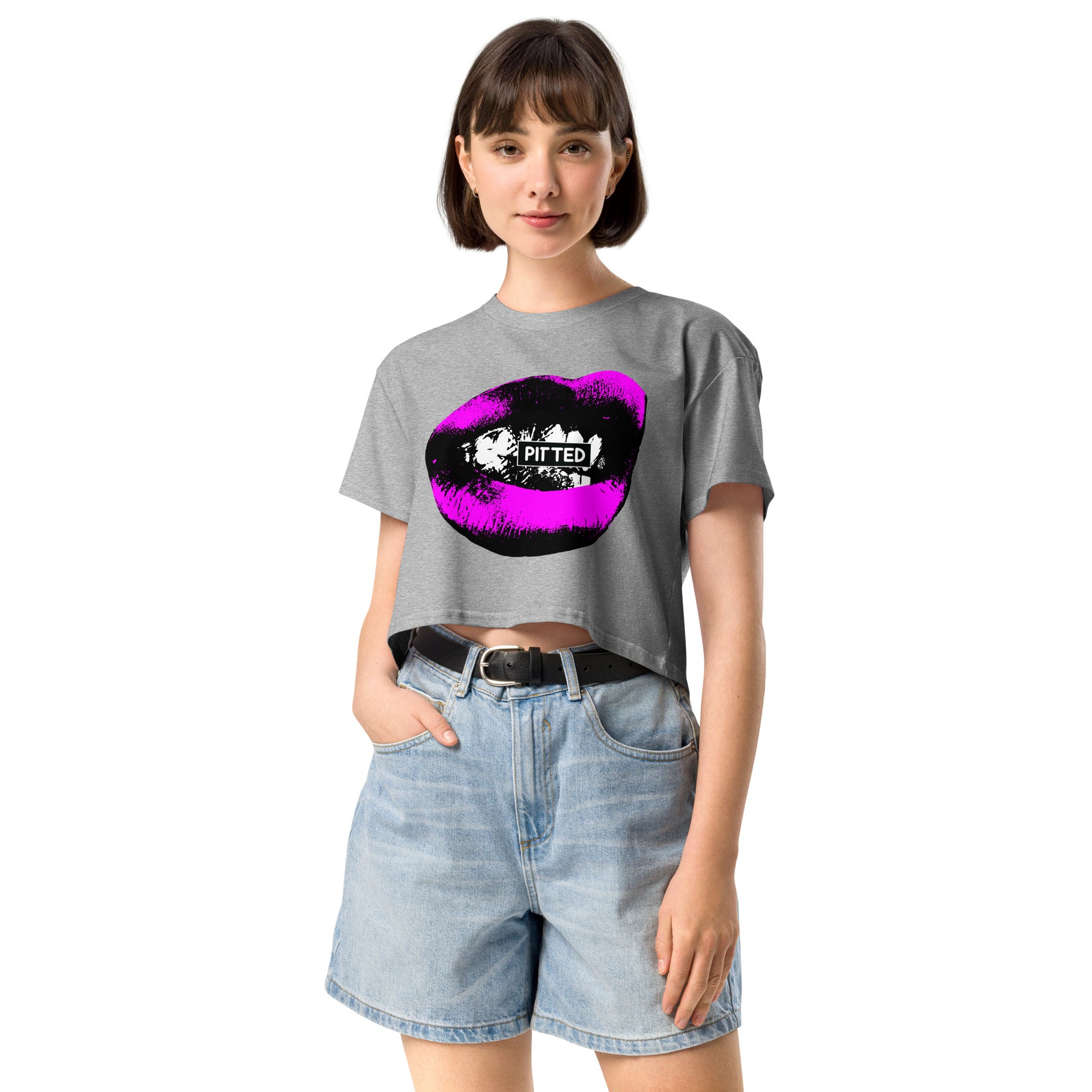 PITTED: Bold and Edgy: Big Purple Lips Graphic Crop Top