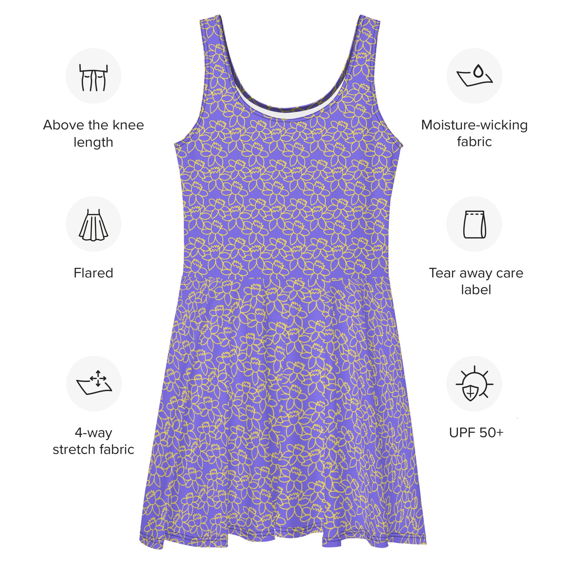 PITTED: Yellow Floral Purple Skater Dress, Vibrant & Unique